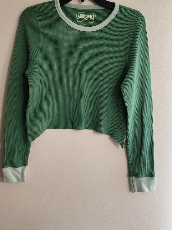 American Eagle Outfitters Sweaters - American Eagle Green Thermal Waffle Knit Long Sleeve Crop Top Size Large